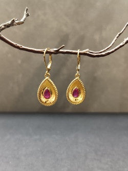 Gold Teardrop Earrings with Pink Rhinestone - Precious Sparkle