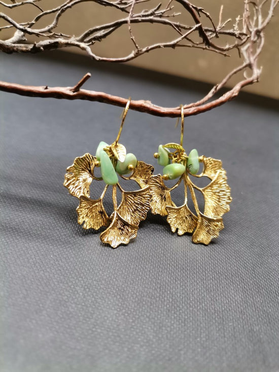 Gold Gingko Leaf Earrings Chrysoprase - Precious Sparkle
