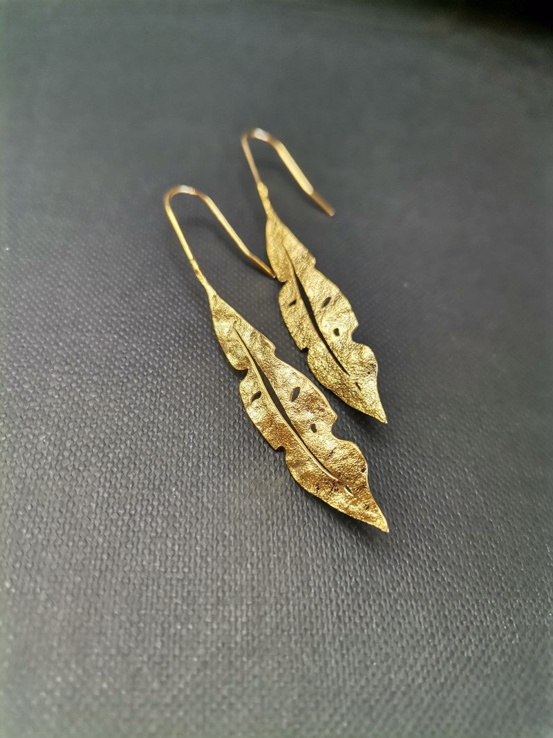 Gilt Brass Hollow Feather Earrings - Precious Sparkle