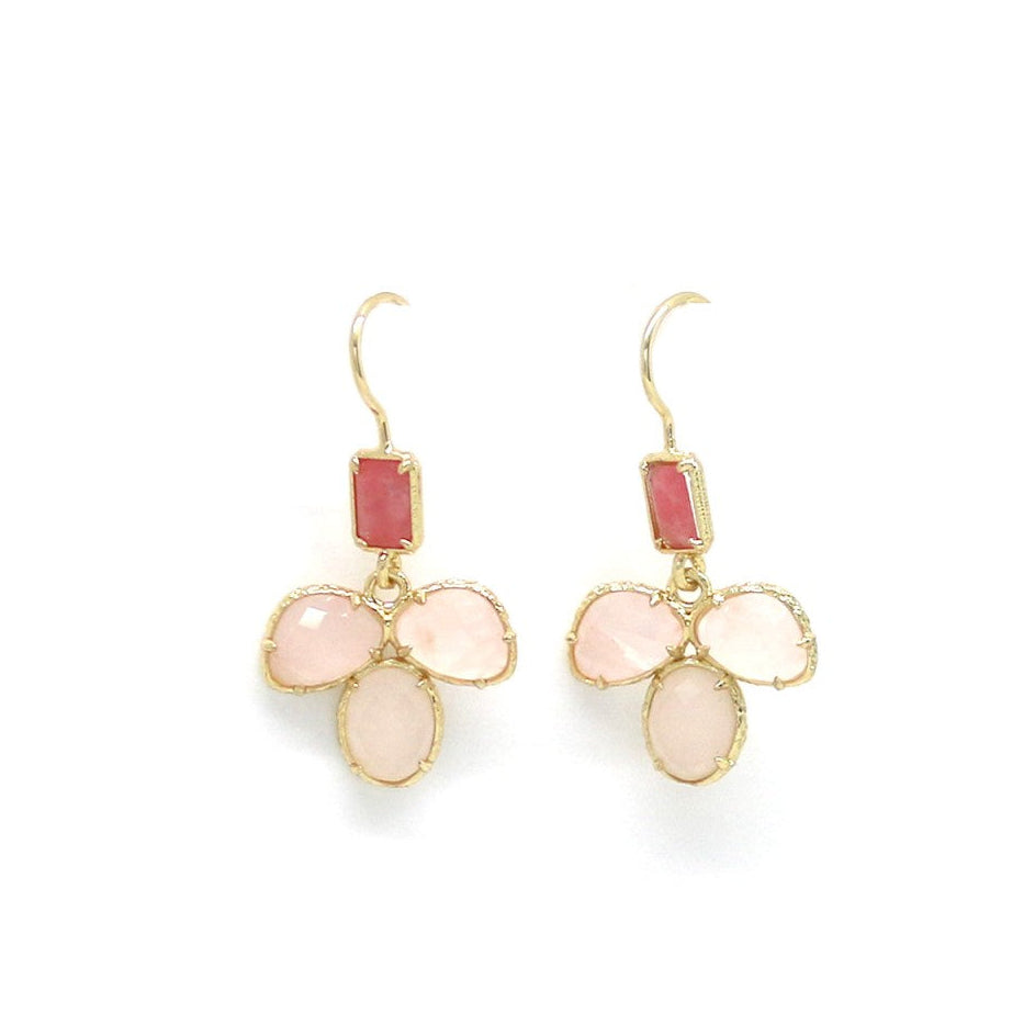 3-Petal Flower Hook Earrings- Rose Quartz - Precious Sparkle