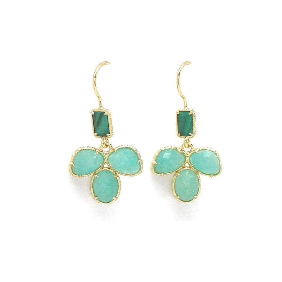 Pair of turquoise earrings with gold accents on a white background, featuring moonc and Habana Paris logos.
