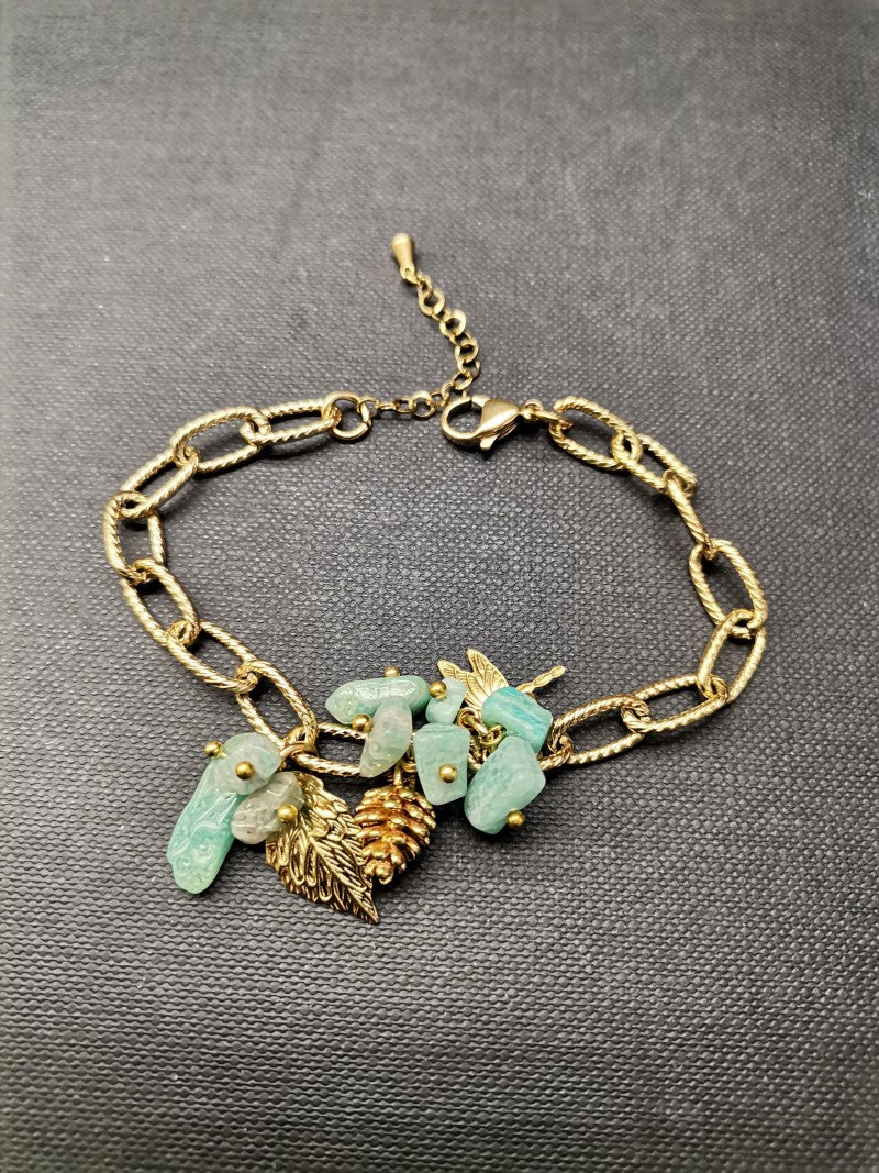 Amazonite Leaf & Dragonfly Gold Bracelet - Precious Sparkle