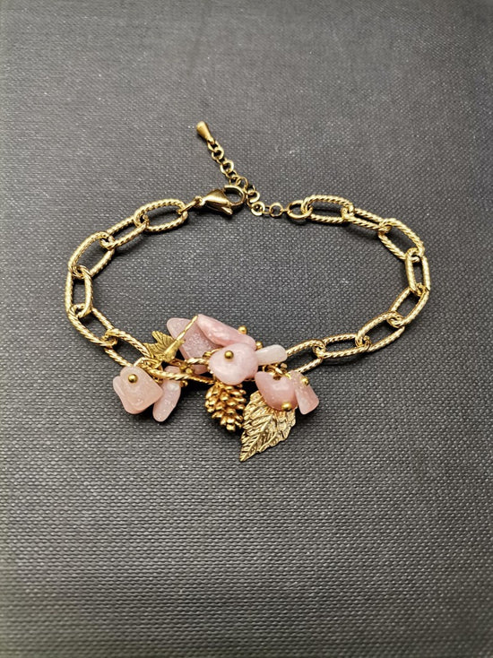 Pink Stone Leaf & Dragonfly Gold Bracelet - Precious Sparkle