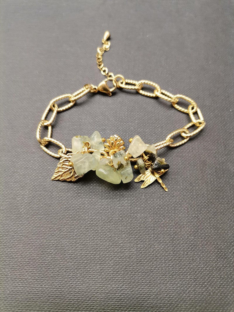 Prehnite Leaf & Dragonfly Gold Bracelet - Precious Sparkle