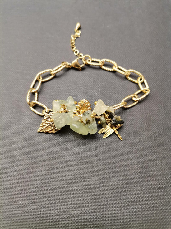 Prehnite Leaf & Dragonfly Gold Bracelet - Precious Sparkle