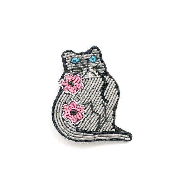 Grey Cat Embroidered Brooch - Precious Sparkle