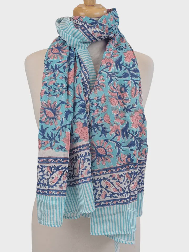Aqua Pink Navy Floral Block Print Pareo Sarong Scarf - Precious Sparkle