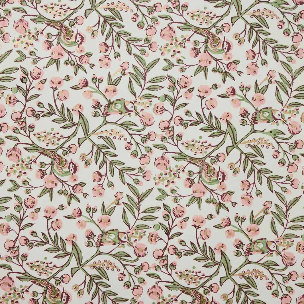 Paper Mirchi Block Printed Wrapping Paper Song Birds Blush - Precious Sparkle