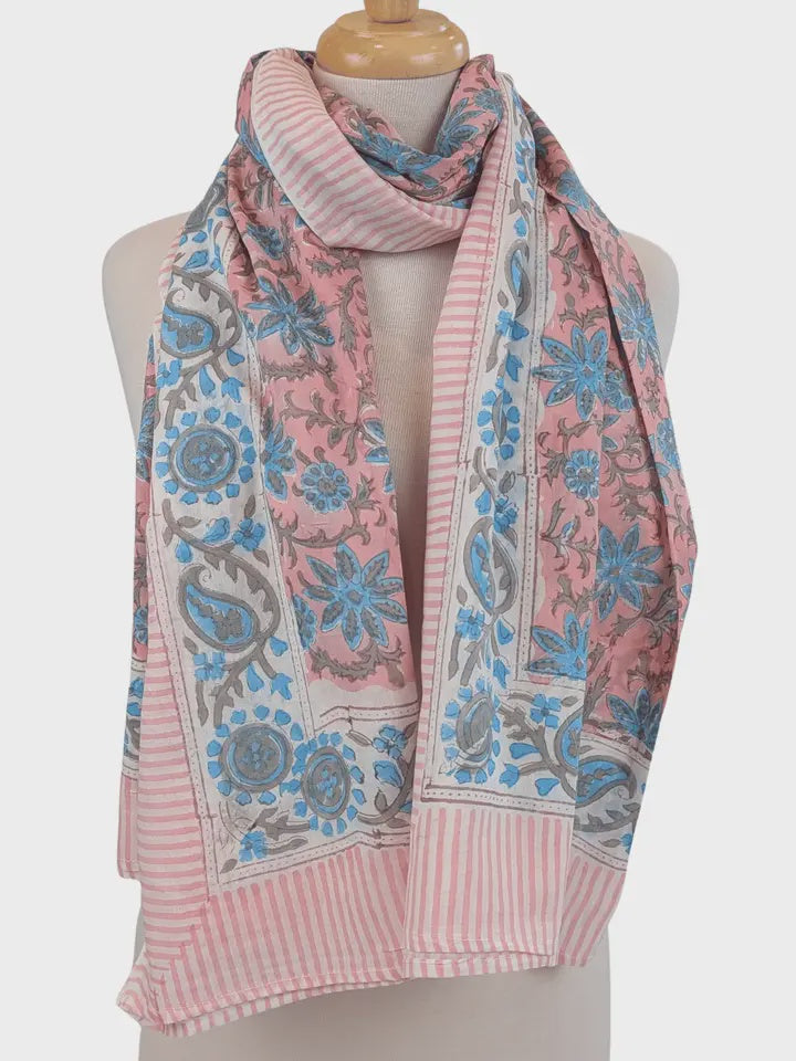 Powder Pink & Lt Blue Floral Block Print Pareo Sarong Scarf - Precious Sparkle