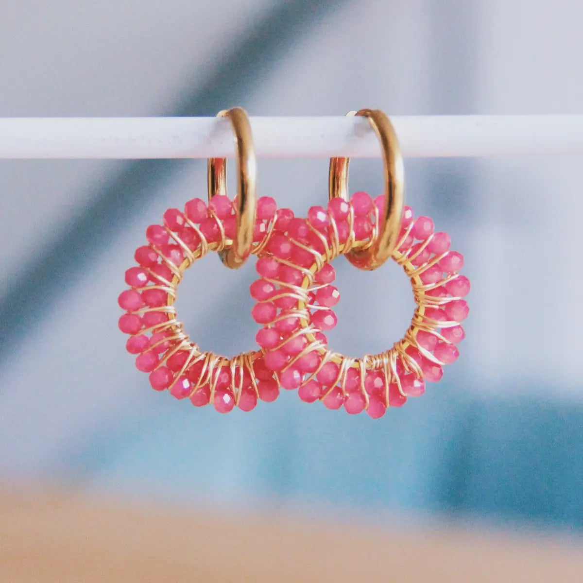 Bazou Double Bead Hoop Earrings Fuschia