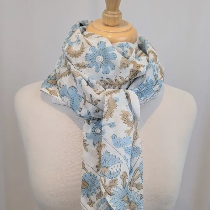 Baby Blue & White Block Print Oversized Bandana Square Scarf
