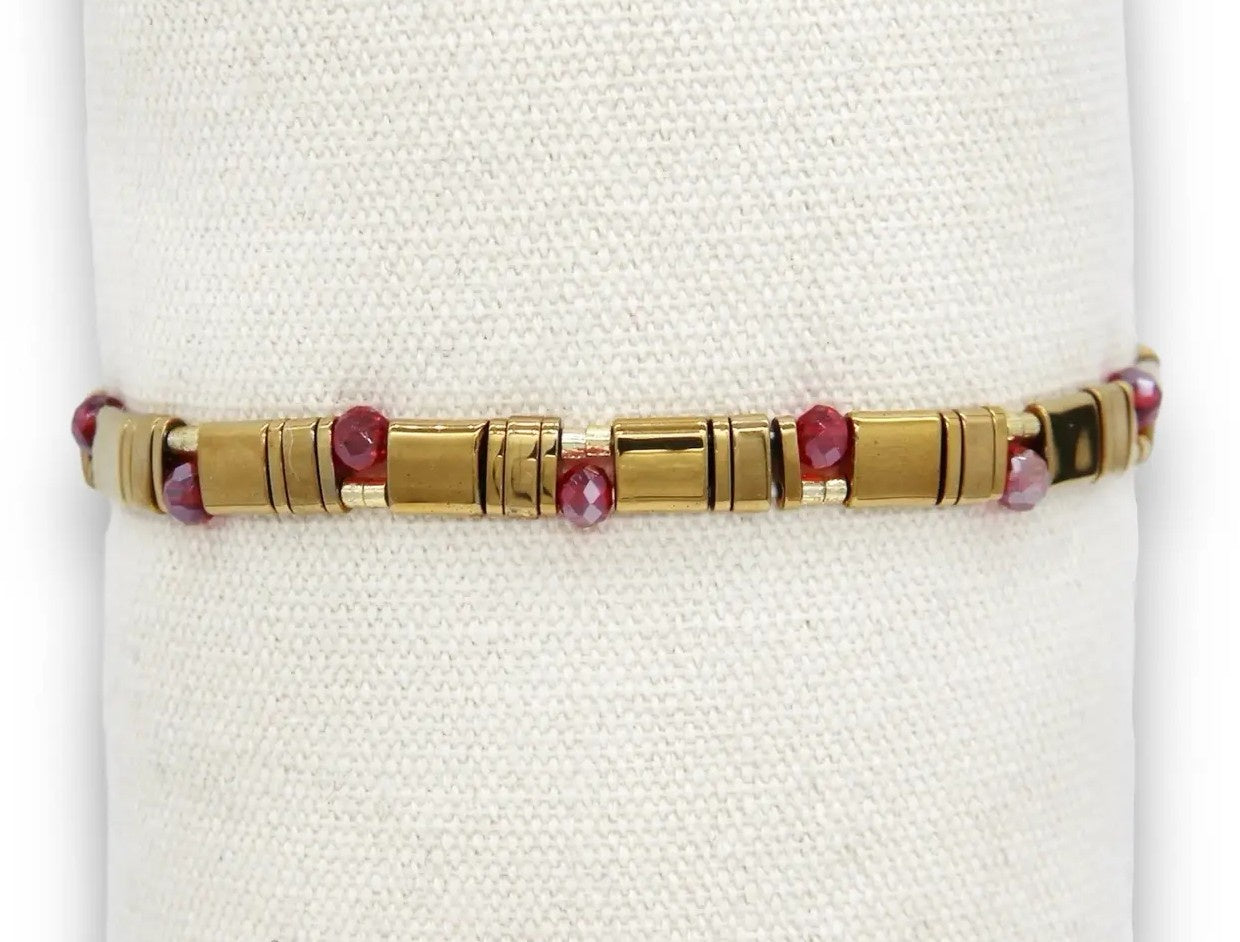 Oclys Stretchy Metallic Tile Bracelet Red Crystal - Precious Sparkle