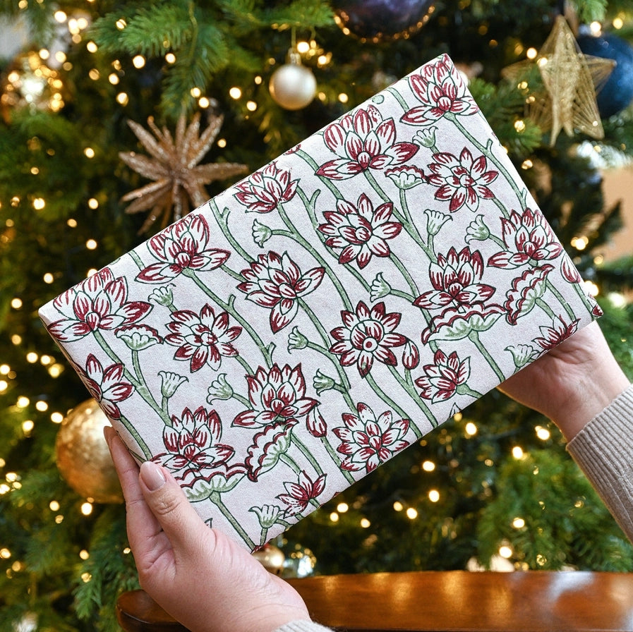 Paper Mirchi Block Printed Wrapping Paper Lotus Cherry - Precious Sparkle