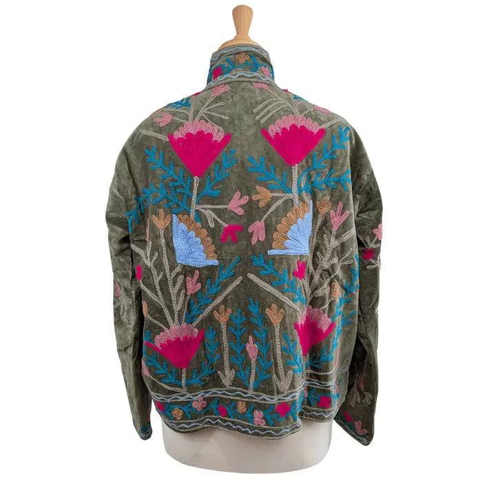 Green & Fuchsia Velvet Suzani Kimono Embroidered Boho Jacket