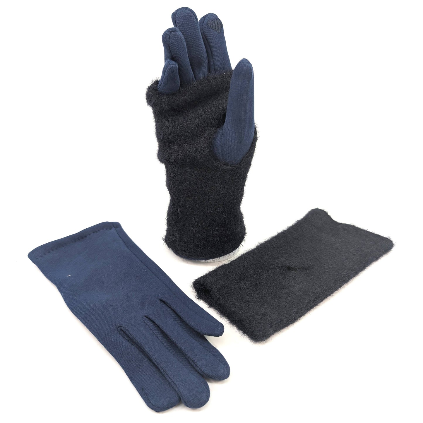 Faux Fur Two in One Gloves Navy Blue - Precious Sparkle