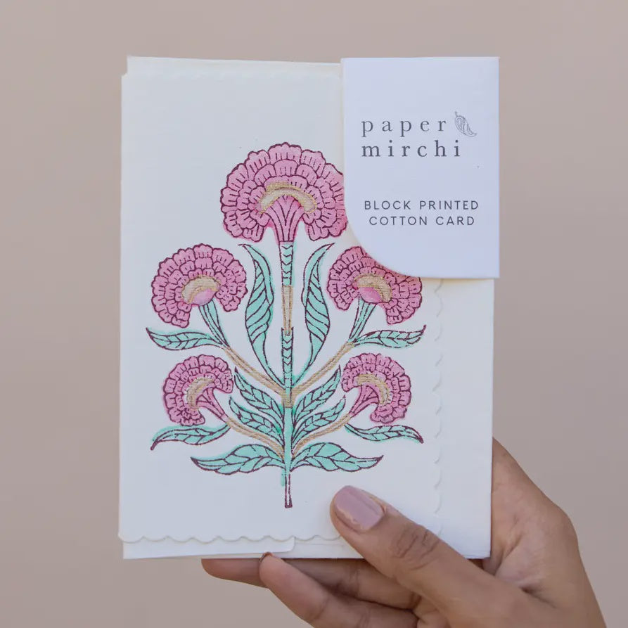 Hand Block Printed Greeting Card - Poppy Mint Rose - Precious Sparkle