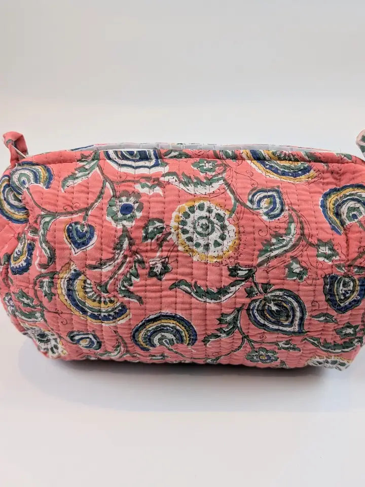 Fan Flower Pink Block Print Quilted Large Washbag - Precious Sparkle