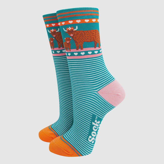 Sock Talk Teal Highland Cow & Calf Bamboo Socks - Precious Sparkle