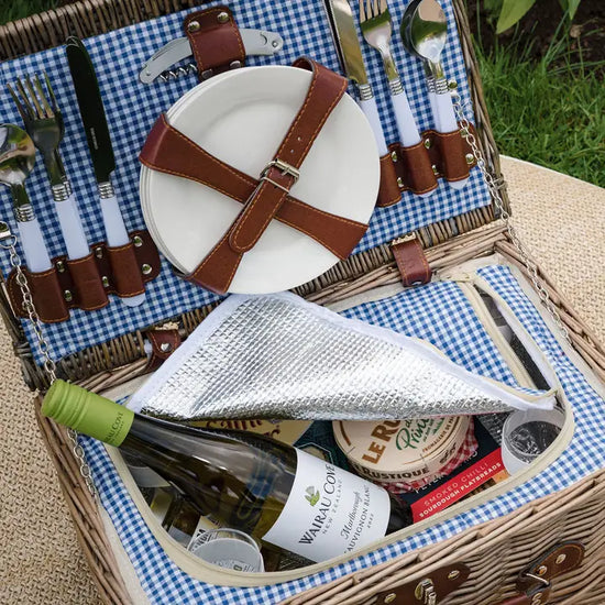 4 Person Blue Gingham Lined Wicker Picnic Basket - Precious Sparkle