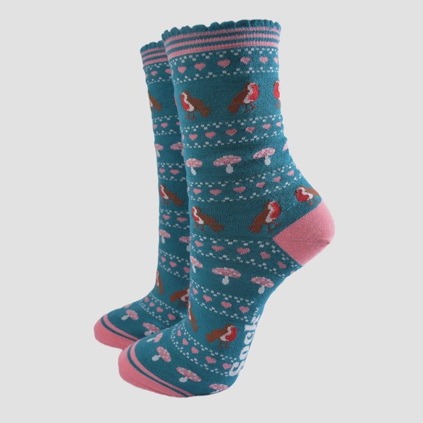 Sock Talk Teal/Pink Robin Fairisle Bamboo Socks - Precious Sparkle