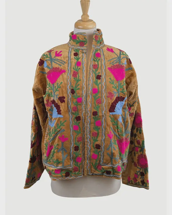 Gold & Fuchsia Velvet Suzani Kimono Embroidered Boho Jacket
