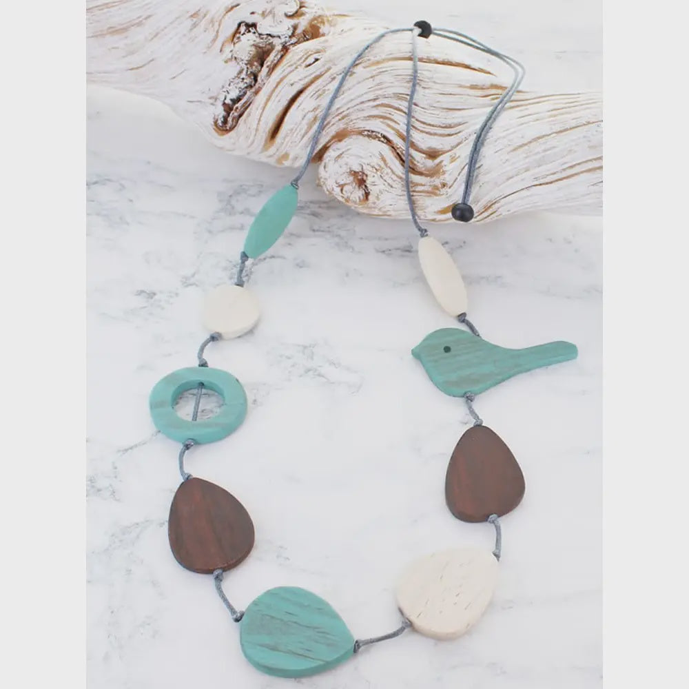Suzie Blue Wooden Bird Necklace Aqua