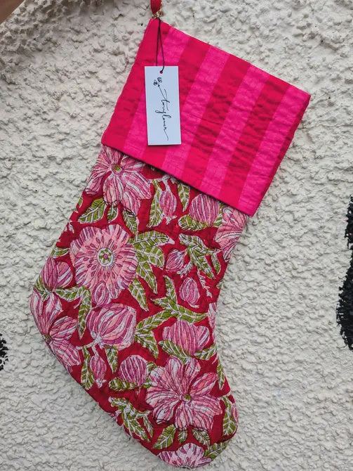 Large Christmas Stocking Block Print Floral Red & Pink - Precious Sparkle