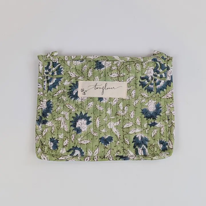 Twinflower Light Green Floral Block Print Quilted Medium Pouch Purse - Precious Sparkle