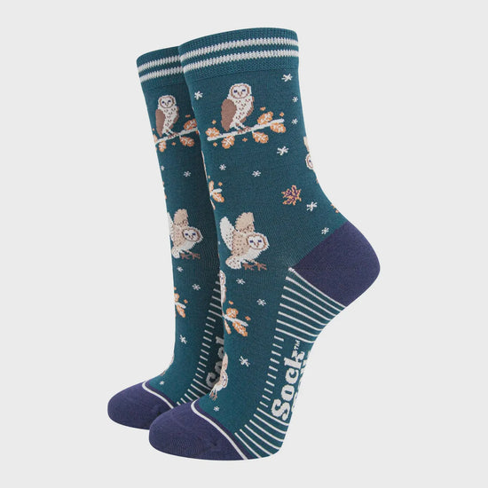 Sock Talk Women's Bamboo Socks Forest Green/Navy Blue, Barn Owls - Precious Sparkle