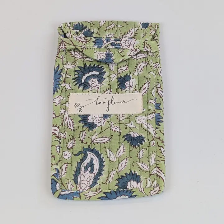Twinflower Light Green Block Print Quilted Glasses Case - Precious Sparkle