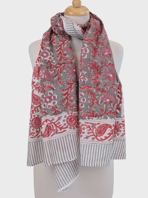 Claret & Grey Floral Block Print Pareo Sarong Scarf - Precious Sparkle
