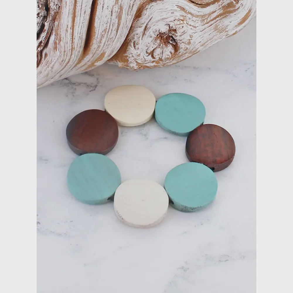 Suzie Blue Elasicated Wooden Disc Bracelet Aqua
