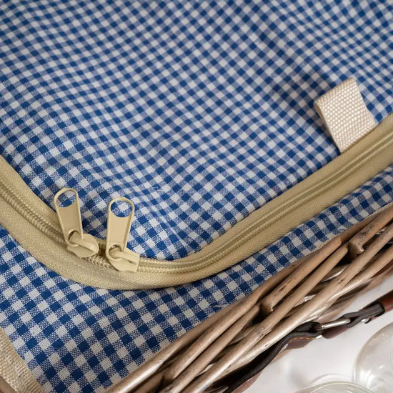 4 Person Blue Gingham Lined Wicker Picnic Basket - Precious Sparkle