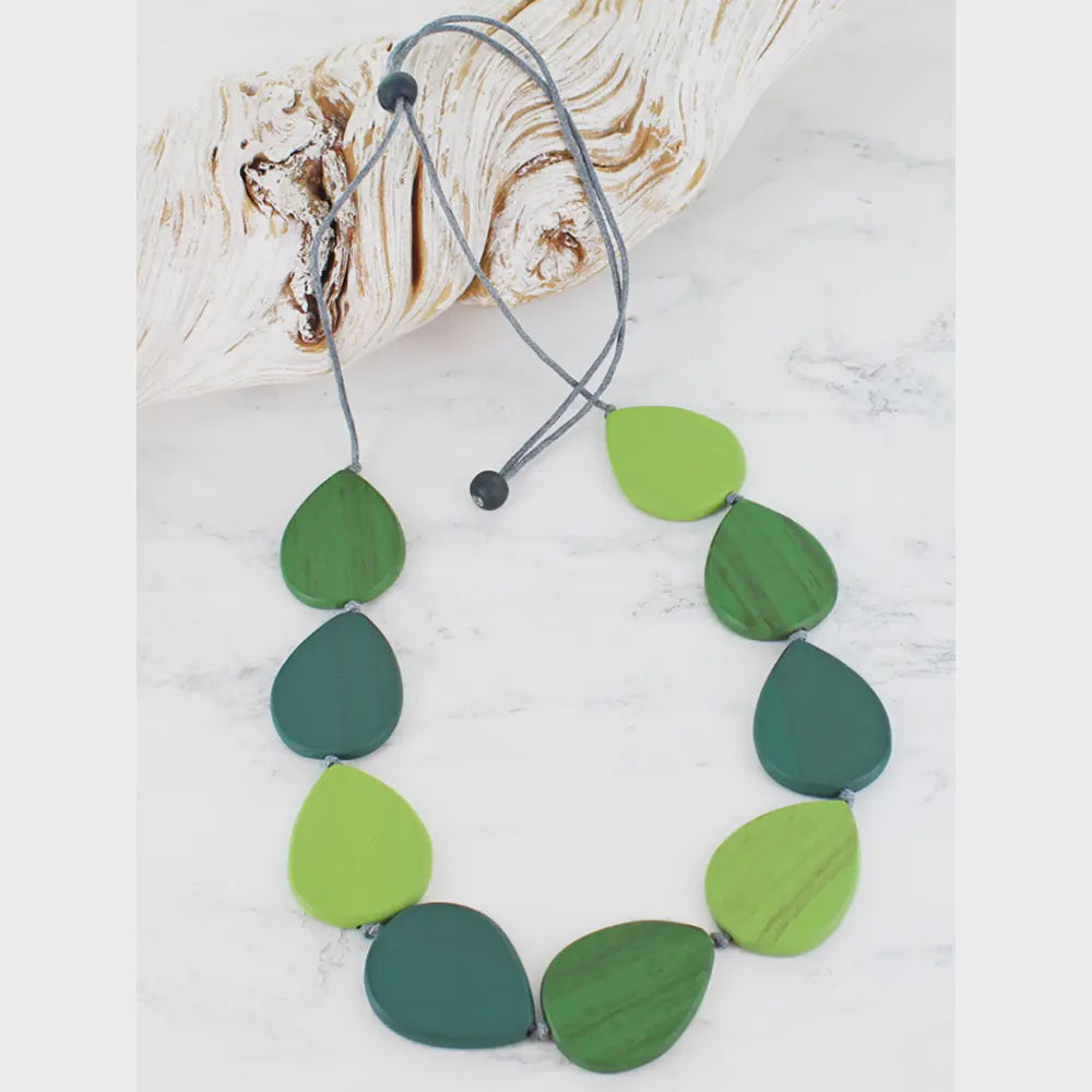 Suzie Blue Wooden Teardrop Necklace Green