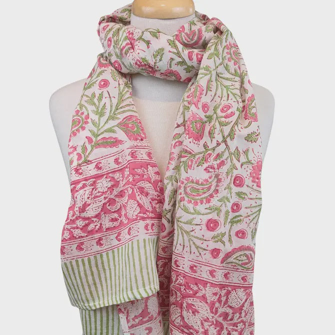 Pink & Green Floral Block Print Sarong Scarf