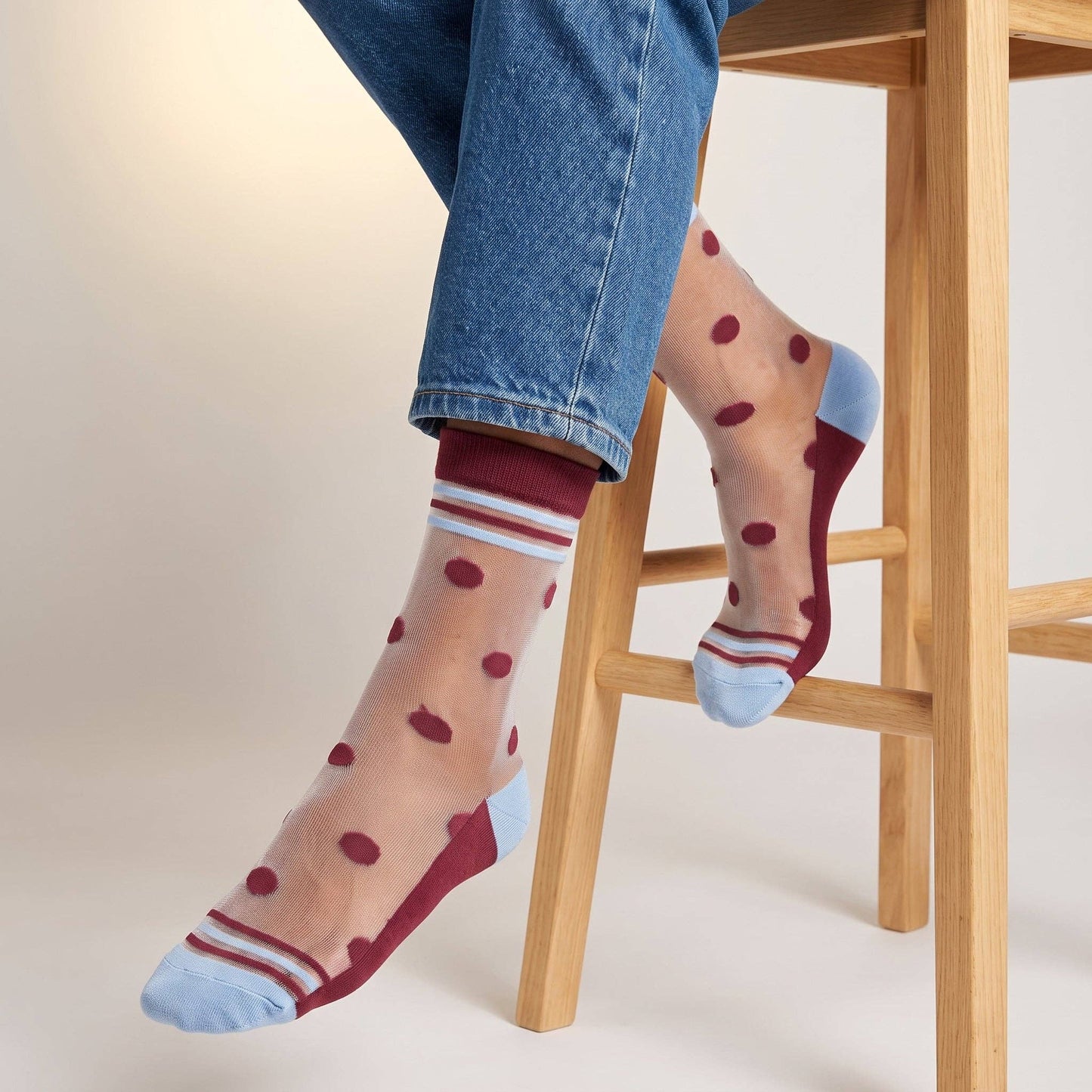 Polka Dot Stripe Sheer Socks in Red/Icy Blue
