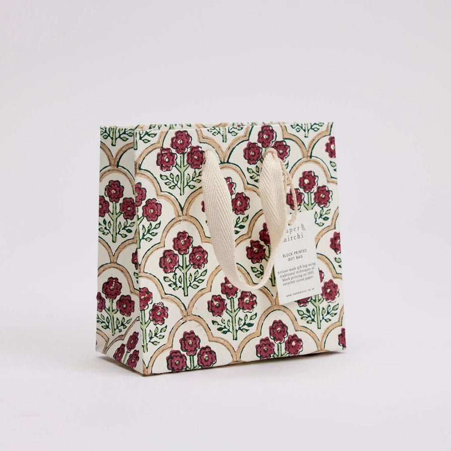 Paper Mirchi Hand Block Printed Small Gift Bag Cherry - Precious Sparkle
