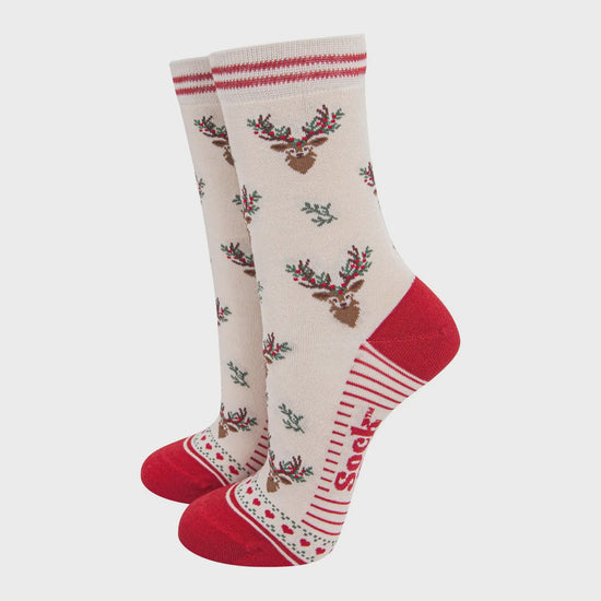 Sock Talk Women's Bamboo Socks Cream/Red, Floral Reindeer - Precious Sparkle