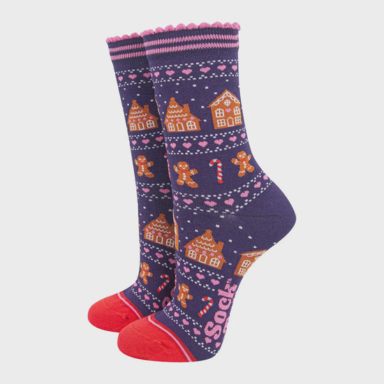 Sock Talk Women's Bamboo Socks Navy Blue/Red, Gingerbread Fair Isle - Precious Sparkle