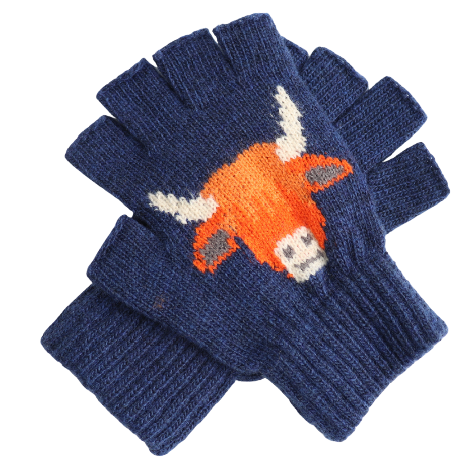 Fingerless Fluffy Highland Cow Gloves Navy - Precious Sparkle
