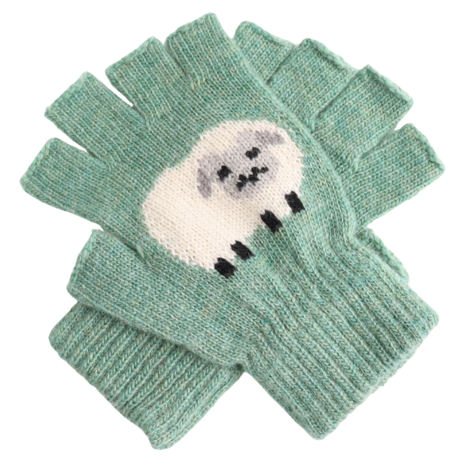 Fingerless Fluffy Sheep Gloves Green - Precious Sparkle