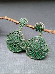Green Rosette Earrings Enameled Brass