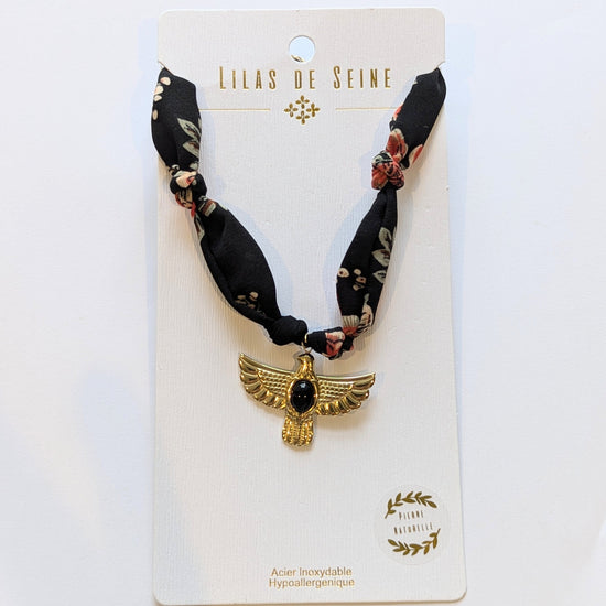 Lilas de Seine Jewellery Black Lilas de Seine Printed Fabric Knotted Bird Necklace