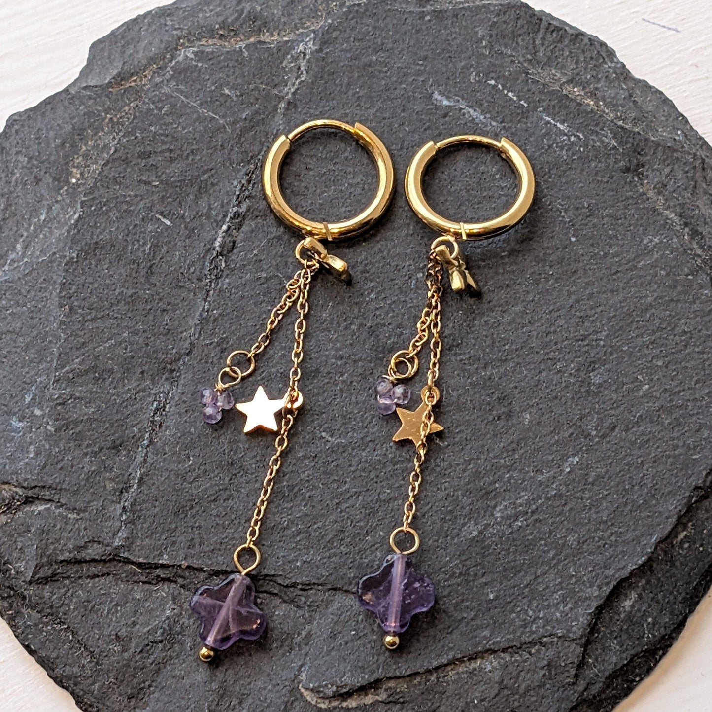 Lomina Jewellery Gold Amethyst & Stars Waterfall Earrings