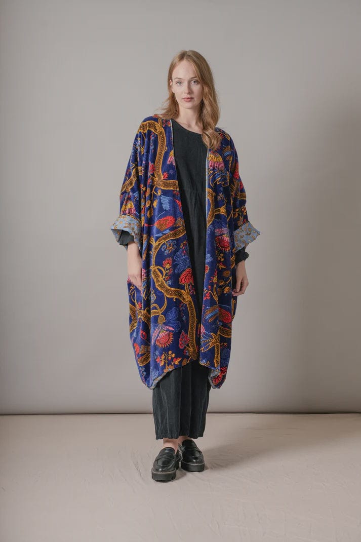 One Hundred Stars Fashion One Hundred Stars Climbing Peacock Royal Blue Velvet Grande Kimono