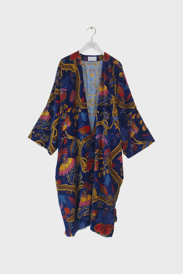 One Hundred Stars Fashion One Hundred Stars Climbing Peacock Royal Blue Velvet Grande Kimono