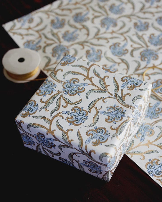 Paper Mirchi Homewares Paper Mirchi Block Printed Wrapping Paper Iris Glitz Blue