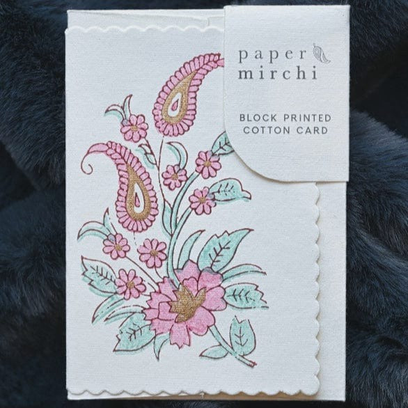 Paper Mirchi Homewares Paper Mirchi Card Hand Block Printed Kairi Mint Rose