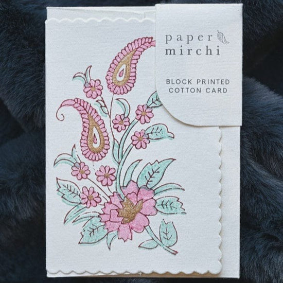 Paper Mirchi Homewares Paper Mirchi Card Hand Block Printed Kairi Mint Rose