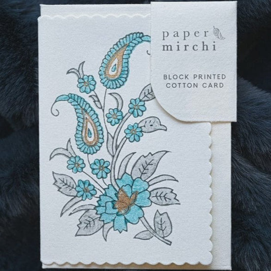 Paper Mirchi Homewares Paper Mirchi  Card Hand Block Printed Kairi Turquoise